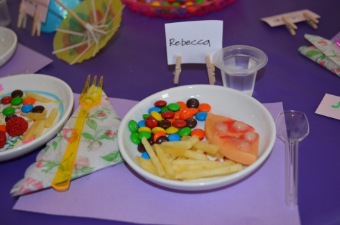 This is the 'mini' food the girls served their dolls. We found little gummy pizzas, and chips that looked like itty bitty french fries.